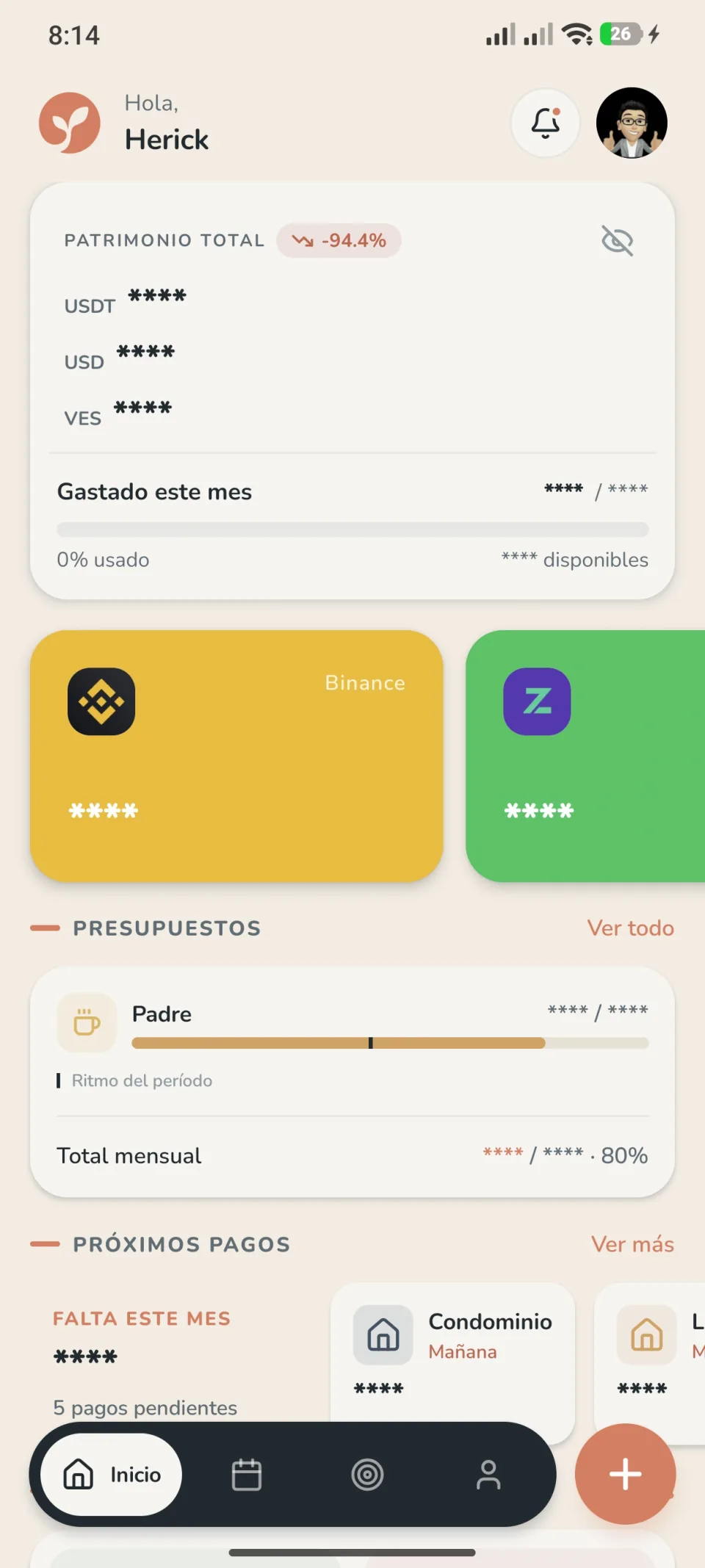 Pantalla de inicio de Serelify: patrimonio total en varias monedas con los importes ocultos, tarjetas de carteras, presupuestos y próximos pagos.